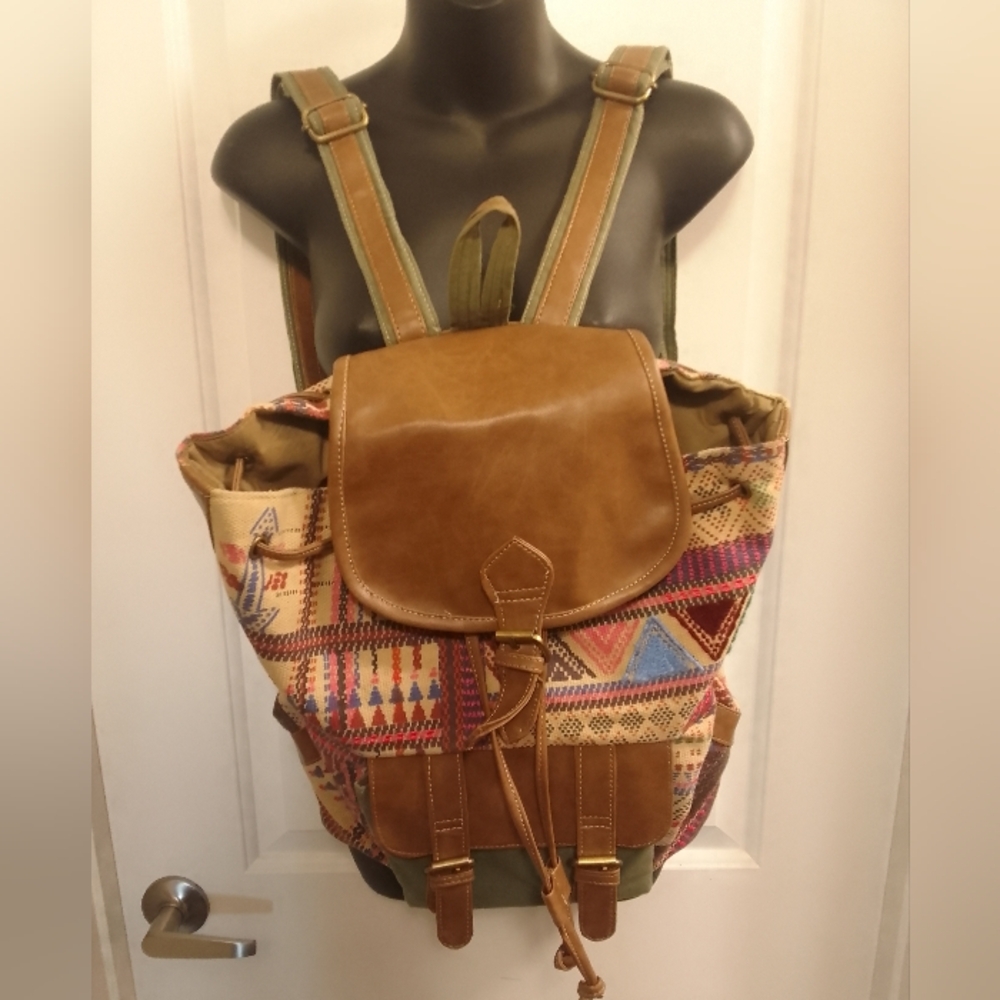Accessorize Bohemian Multicolor Backpack with Brown Leather Accents